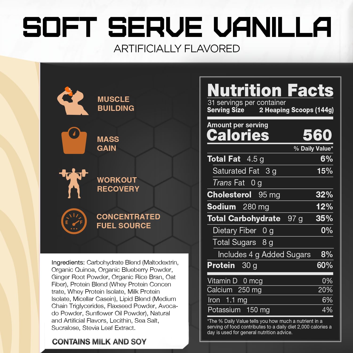 RIVAL NUTRITION Clean Gainer ingredient panel emphasizes multi-source carbs and fats for sustained energy