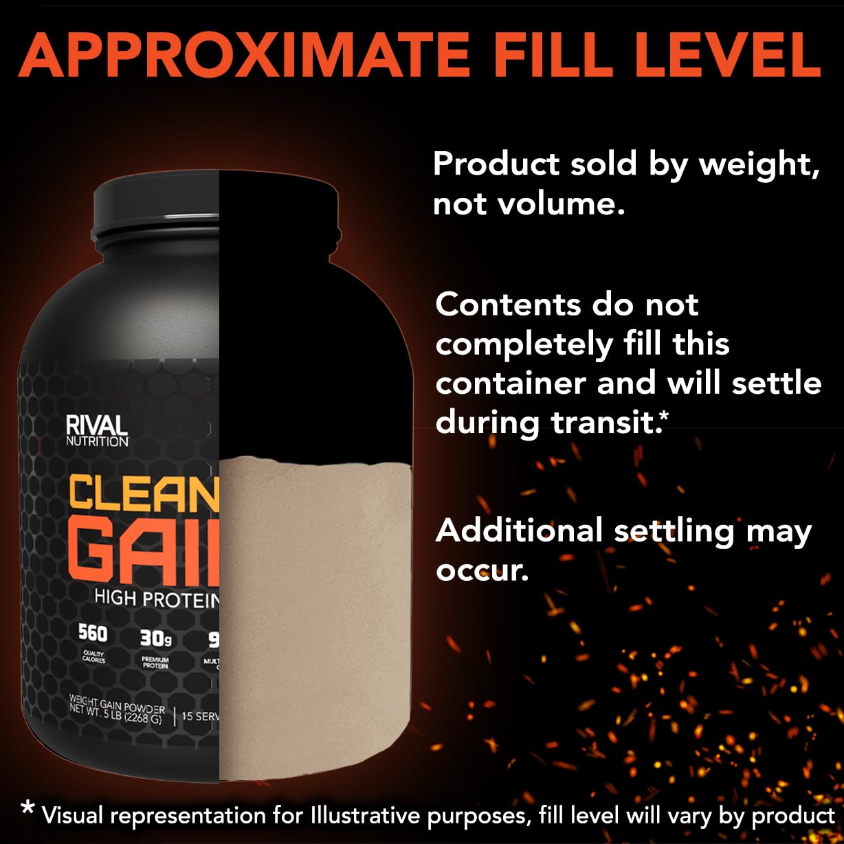 RIVAL NUTRITION Clean Gainer nutrition facts panel highlights 560 calories per serving.