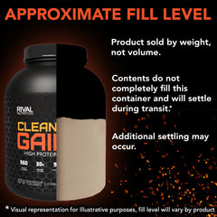 RIVAL NUTRITION Clean Gainer nutrition facts panel highlights 560 calories per serving.