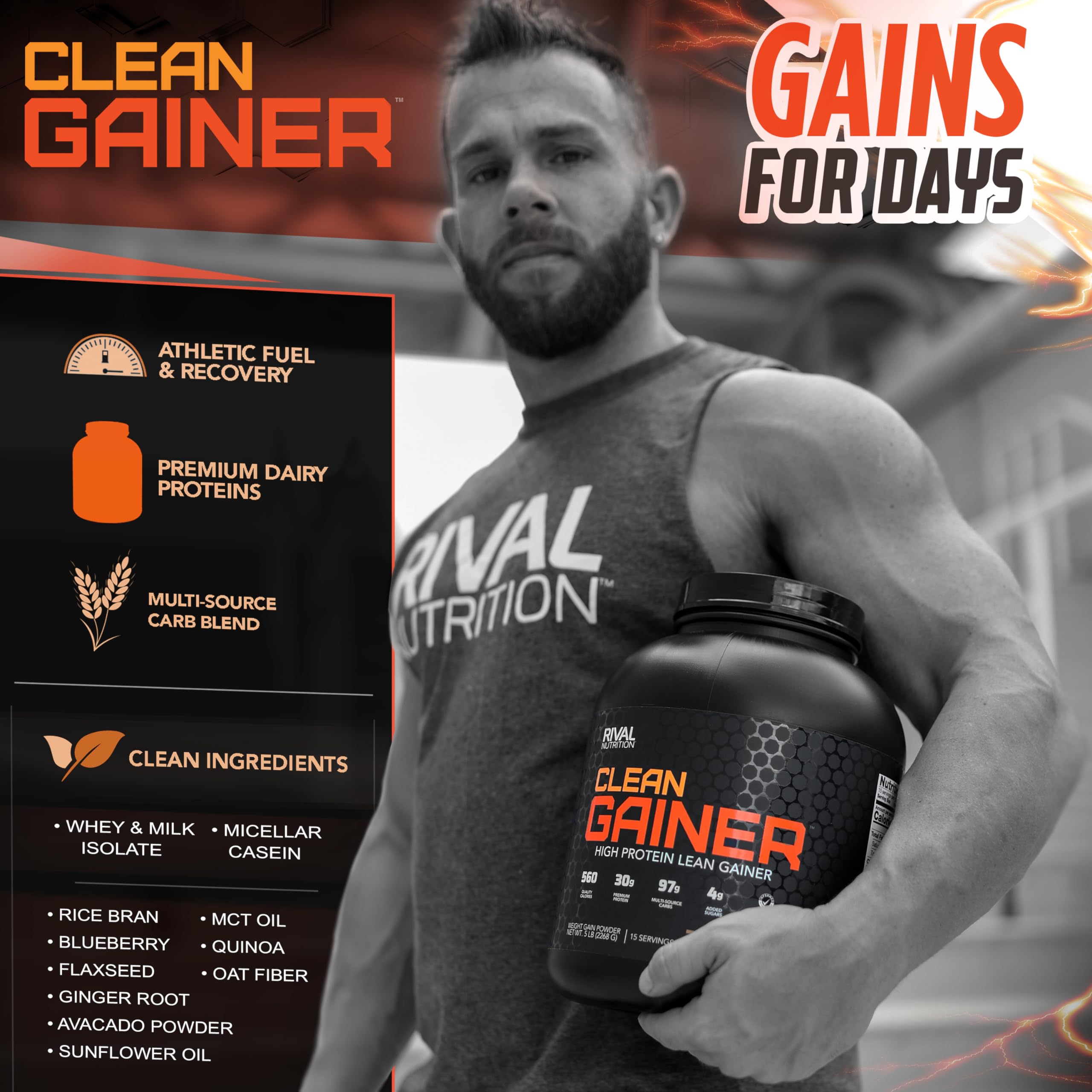 RIVAL NUTRITION Clean Gainer nutrition panel showing 30 g protein.