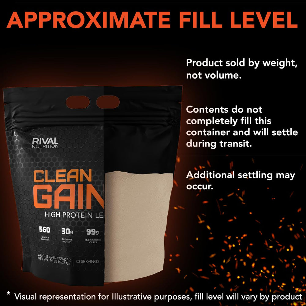 RIVAL NUTRITION Clean Gainer packaging presents flavor options and transparent nutrition details for informed choices