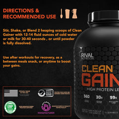 RIVAL NUTRITION Clean Gainer S-Mores indulgent flavor with quality calories for training.