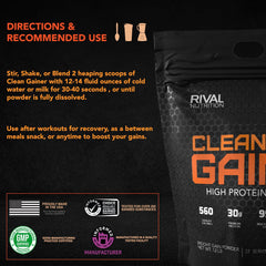 RIVAL NUTRITION Clean Gainer versatile-use shake for training days.