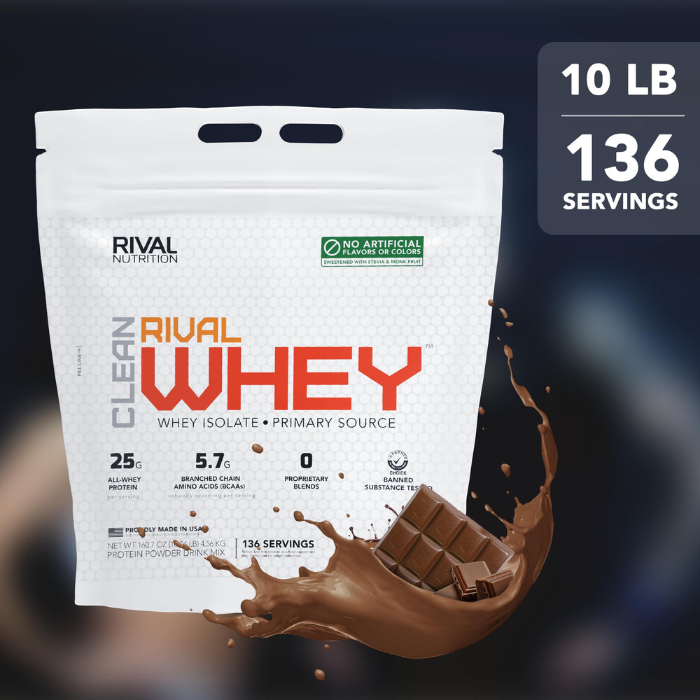 Chocolate flavor tub of Clean Rival Whey with serving size details