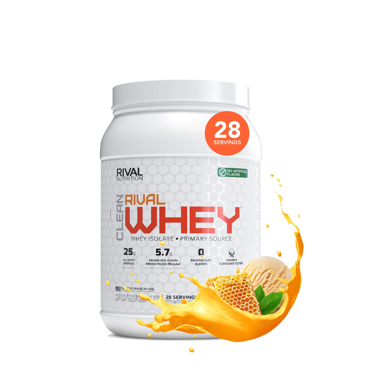 Rival Whey Honey Nut Vanilla canister with clean label emphasizing high-protein content