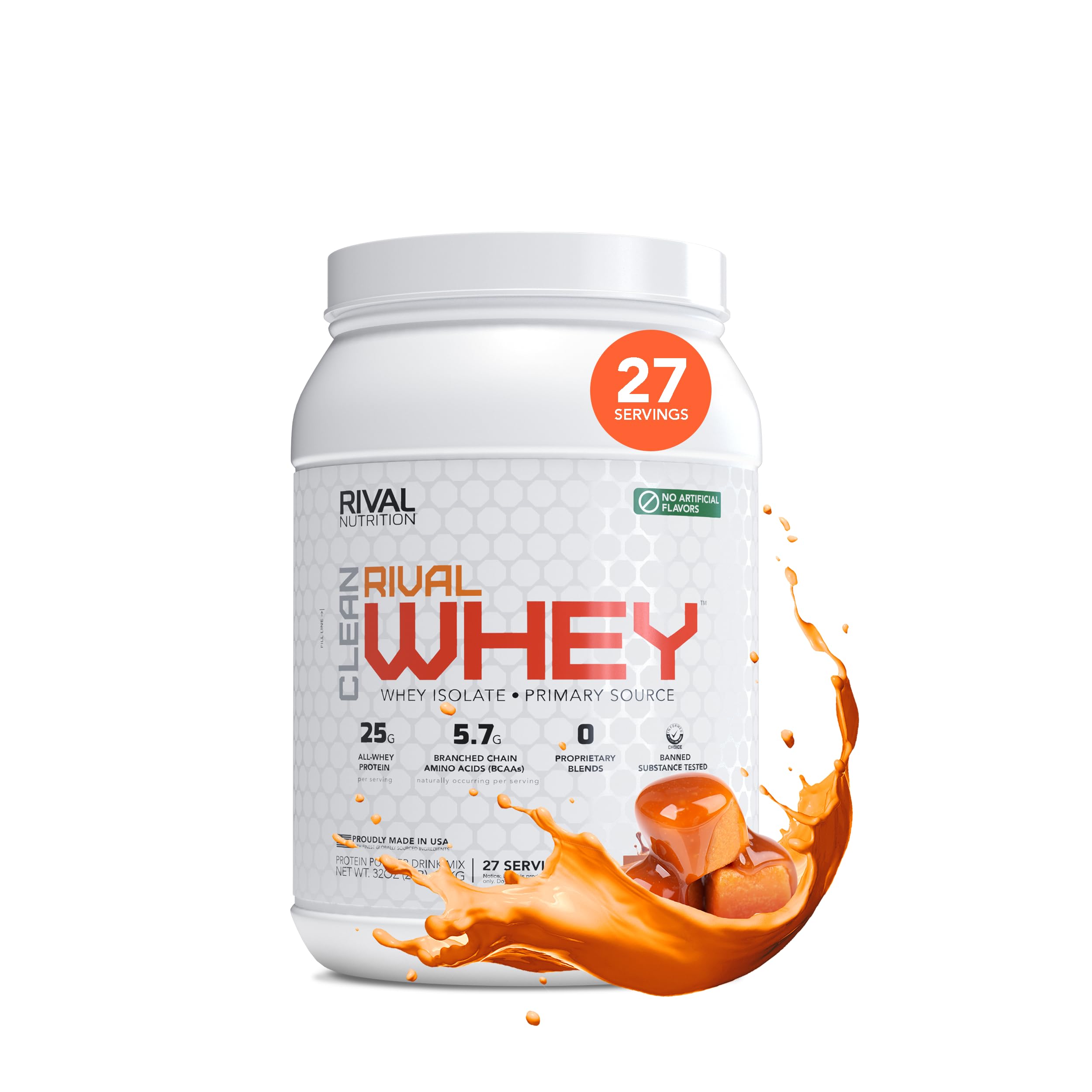 RIVAL NUTRITION Clean Rival Whey Salted Caramel container highlights clean label and high protein.
