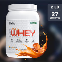 RIVAL NUTRITION Clean Rival Whey scoop beside powder for quick post-workout fuel.