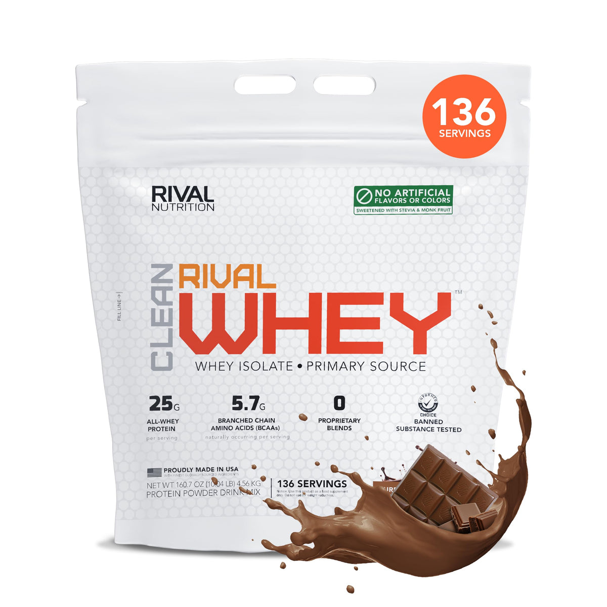 Rival Nutrition Clean Rival Whey tub front showing chocolate flavor for post-workout recovery