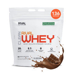 Rival Nutrition Clean Rival Whey tub front showing chocolate flavor for post-workout recovery