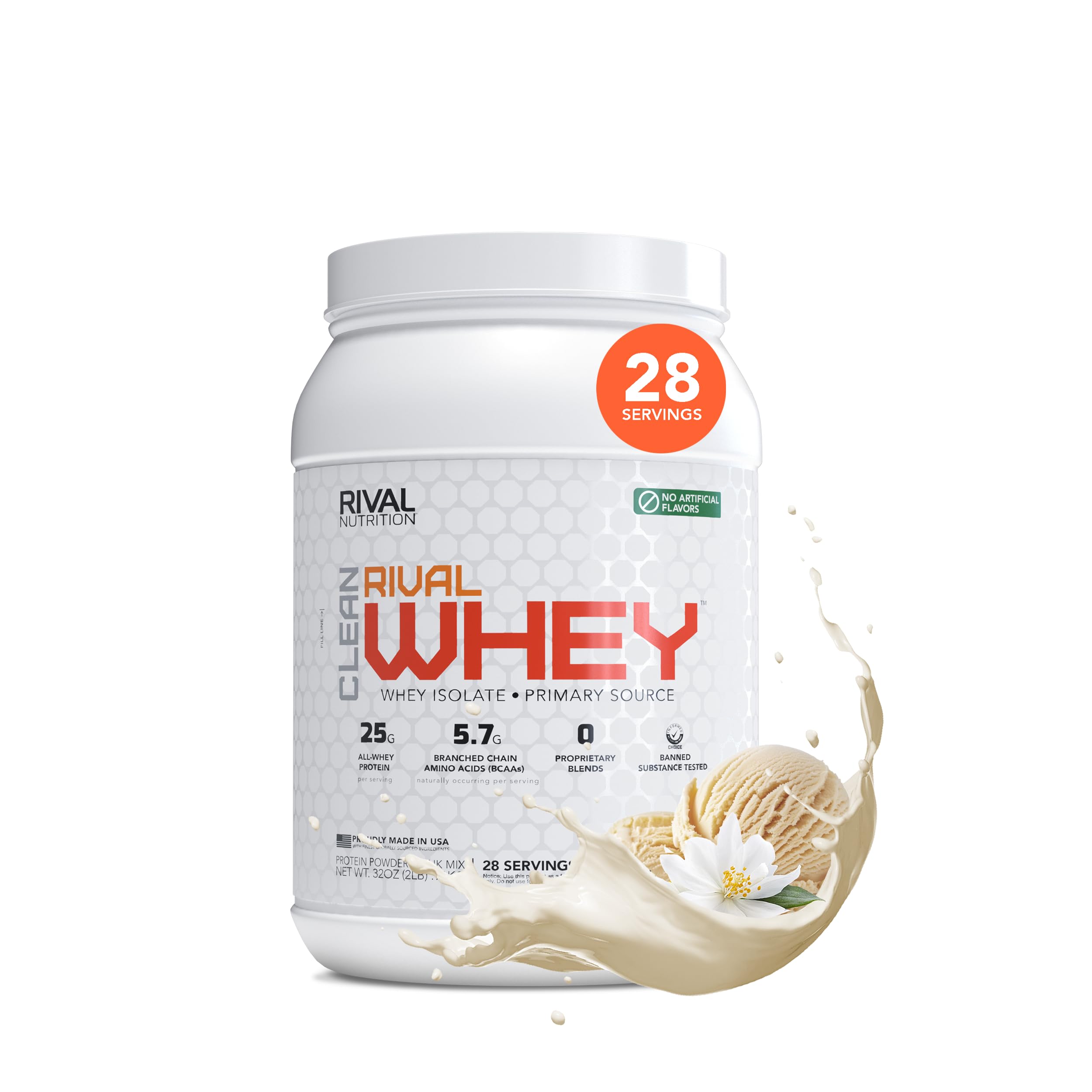 RIVAL NUTRITION Clean Rival Whey vanilla tub showing 25g protein per serving for lean gains.