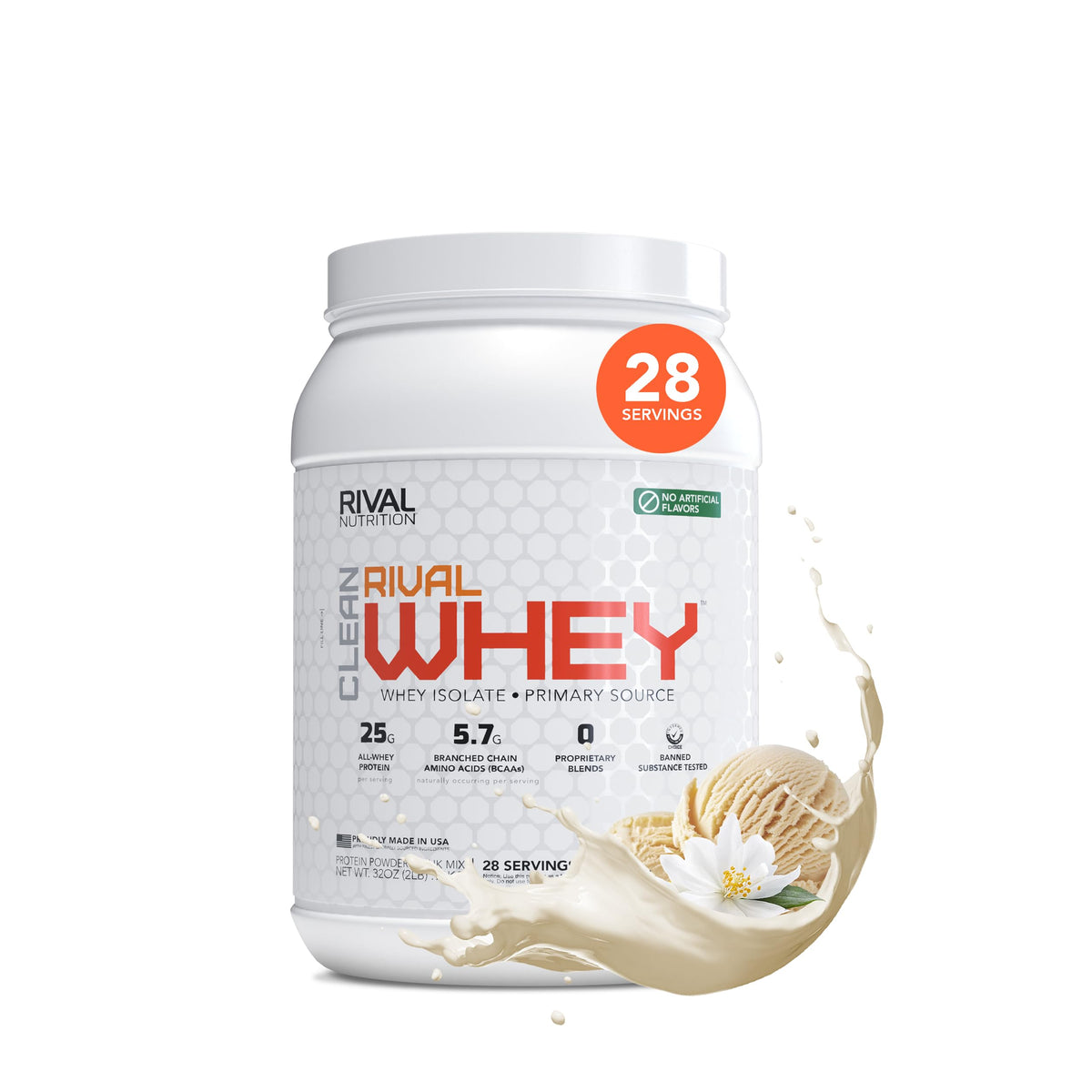 RIVAL NUTRITION Clean Rival Whey vanilla tub showing 25g protein per serving for lean gains.