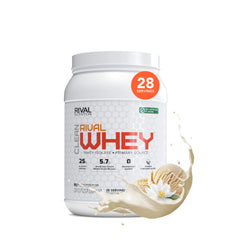 RIVAL NUTRITION Clean Rival Whey vanilla tub showing 25g protein per serving for lean gains.