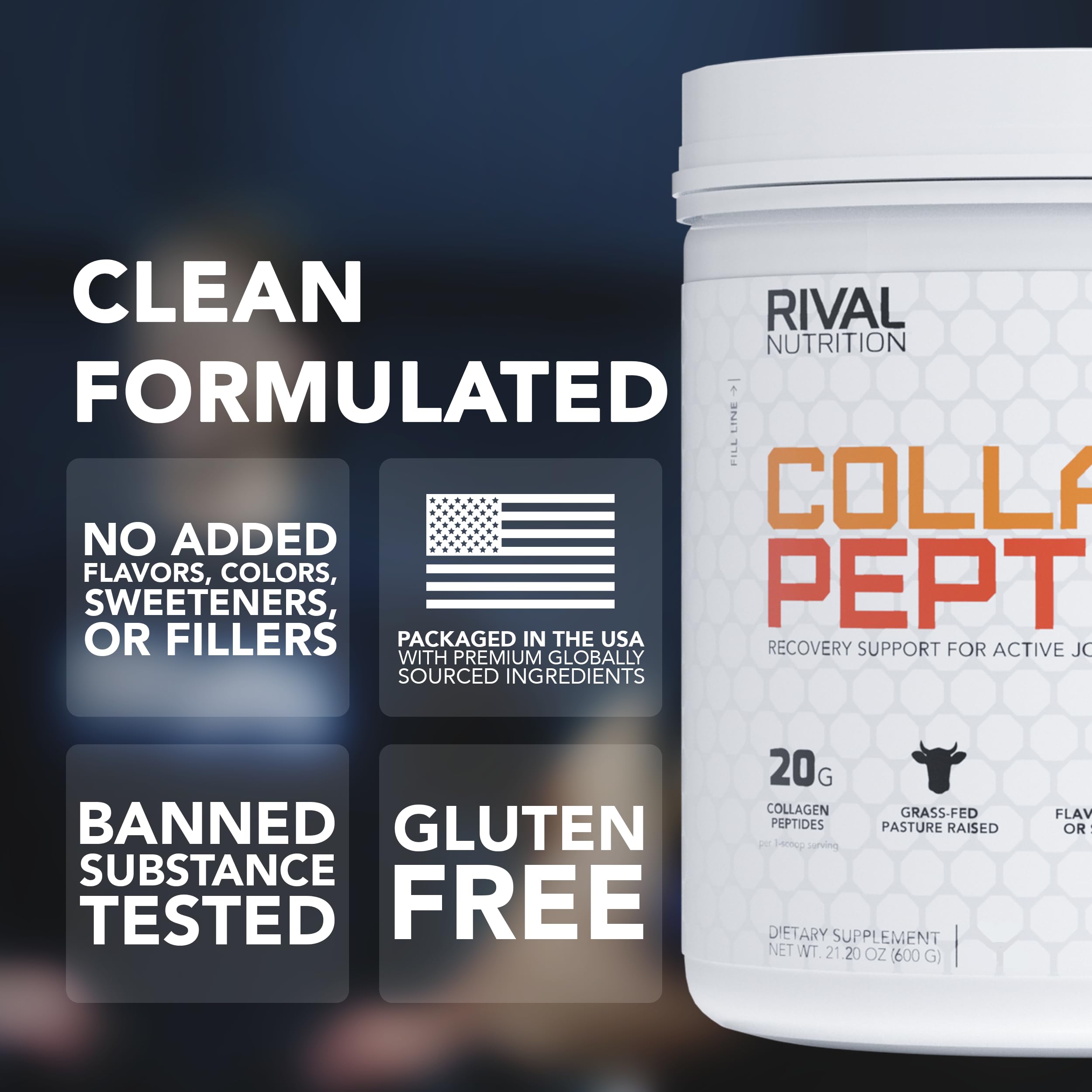 Rival Nutrition Collagen Peptides label highlights grass-fed source and clean ingredients.