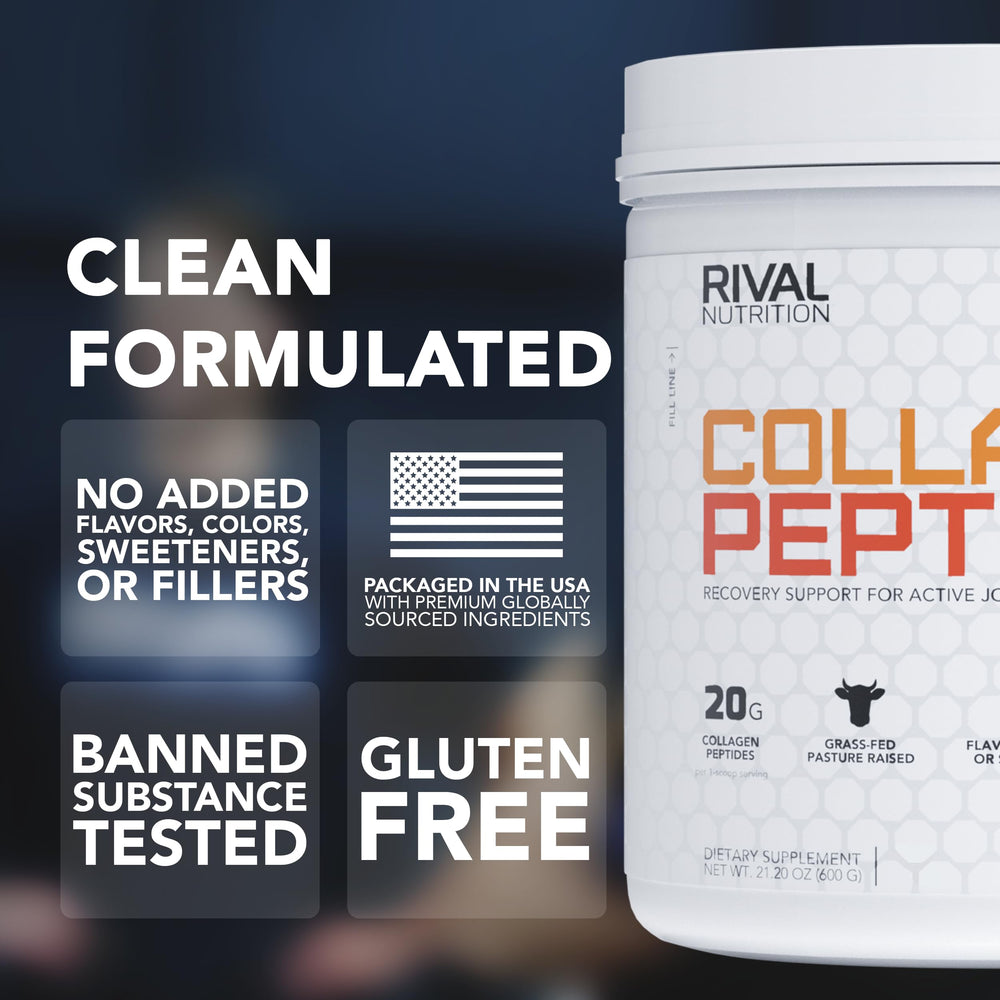 Rival Nutrition Collagen Peptides label highlights grass-fed source and clean ingredients.