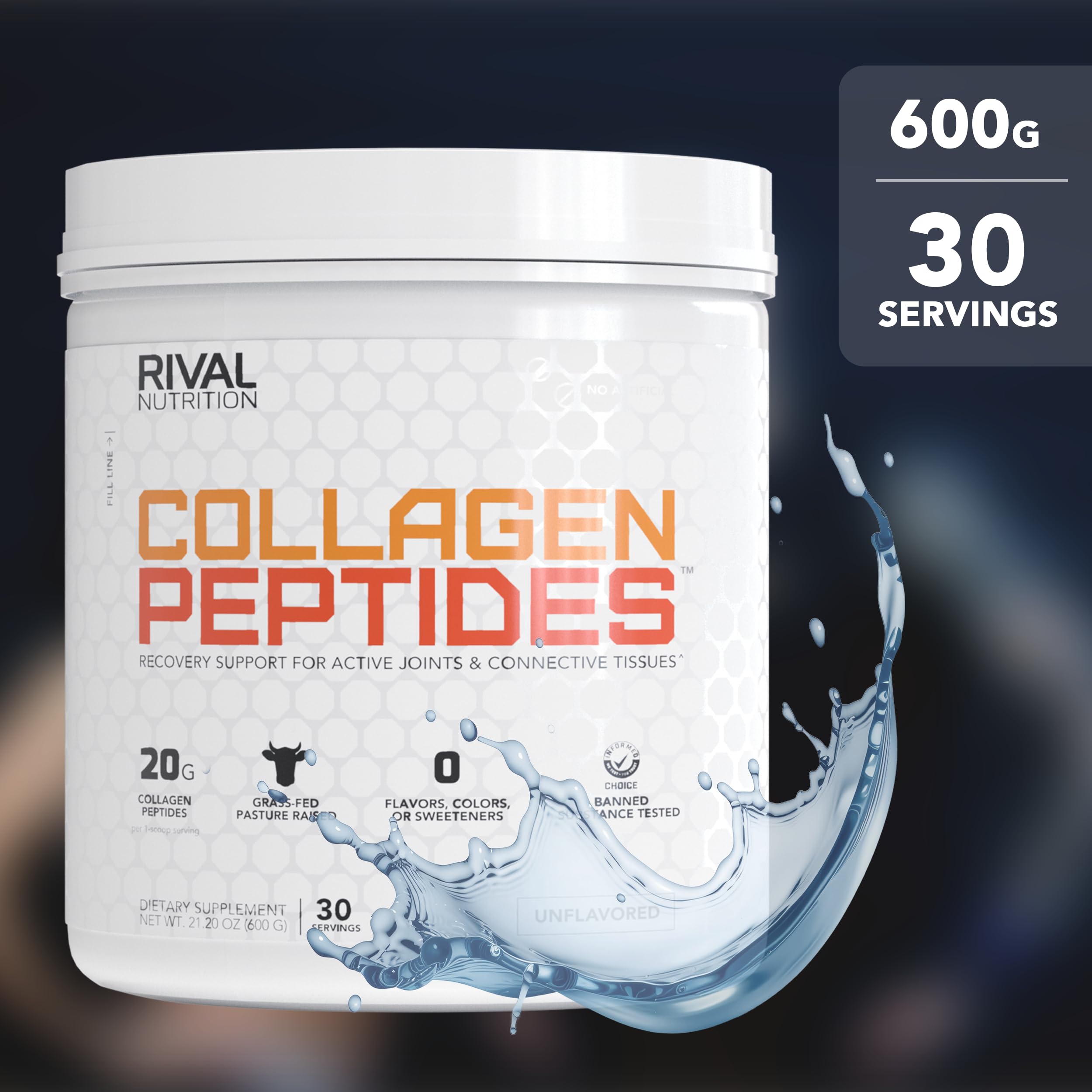 Rival Nutrition Collagen Peptides scoop shows easy 20 g serving for ongoing support.