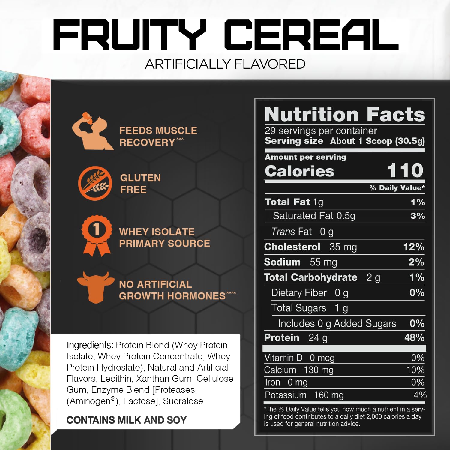 Rival Nutrition Fruity Cereal ingredient closeup, clean ingredients for a high-protein blend