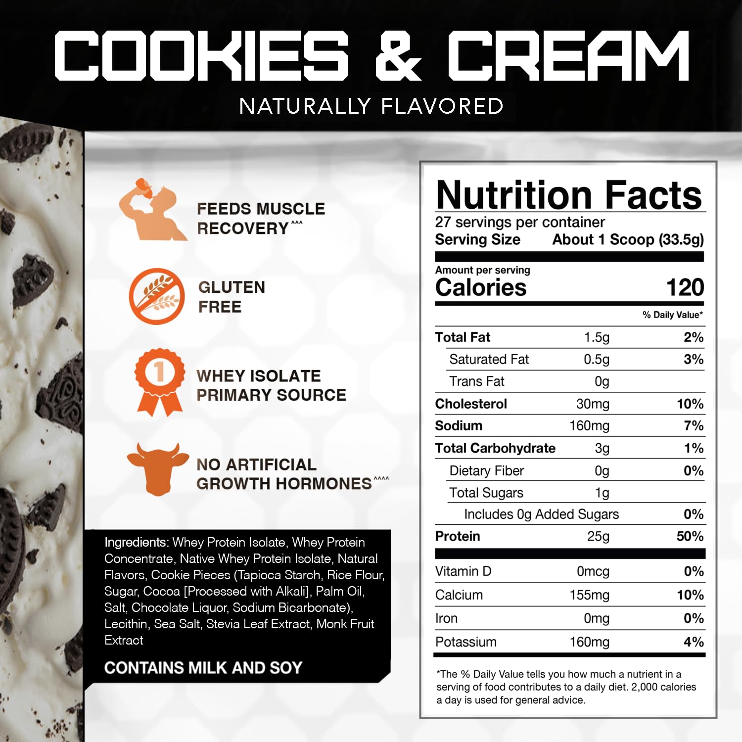 Ingredient list on Rival Whey highlighting natural flavors and no artificial additives.