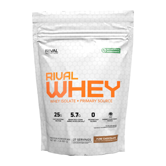 Rival Nutrition naturally flavored whey chocolate 2lb packaging emphasizes clean ingredients.