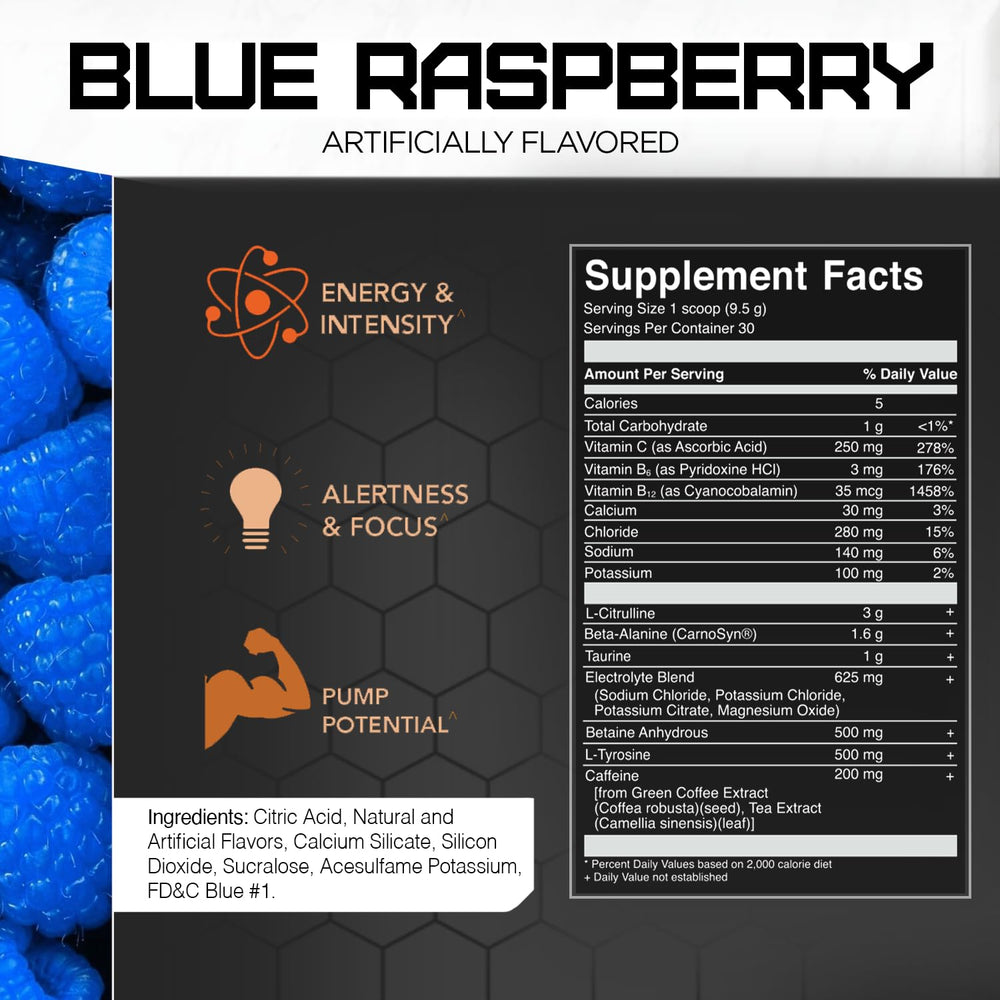 Powder Burn Blue Raspberry ingredients label highlights L-Citrulline and Beta Alanine.