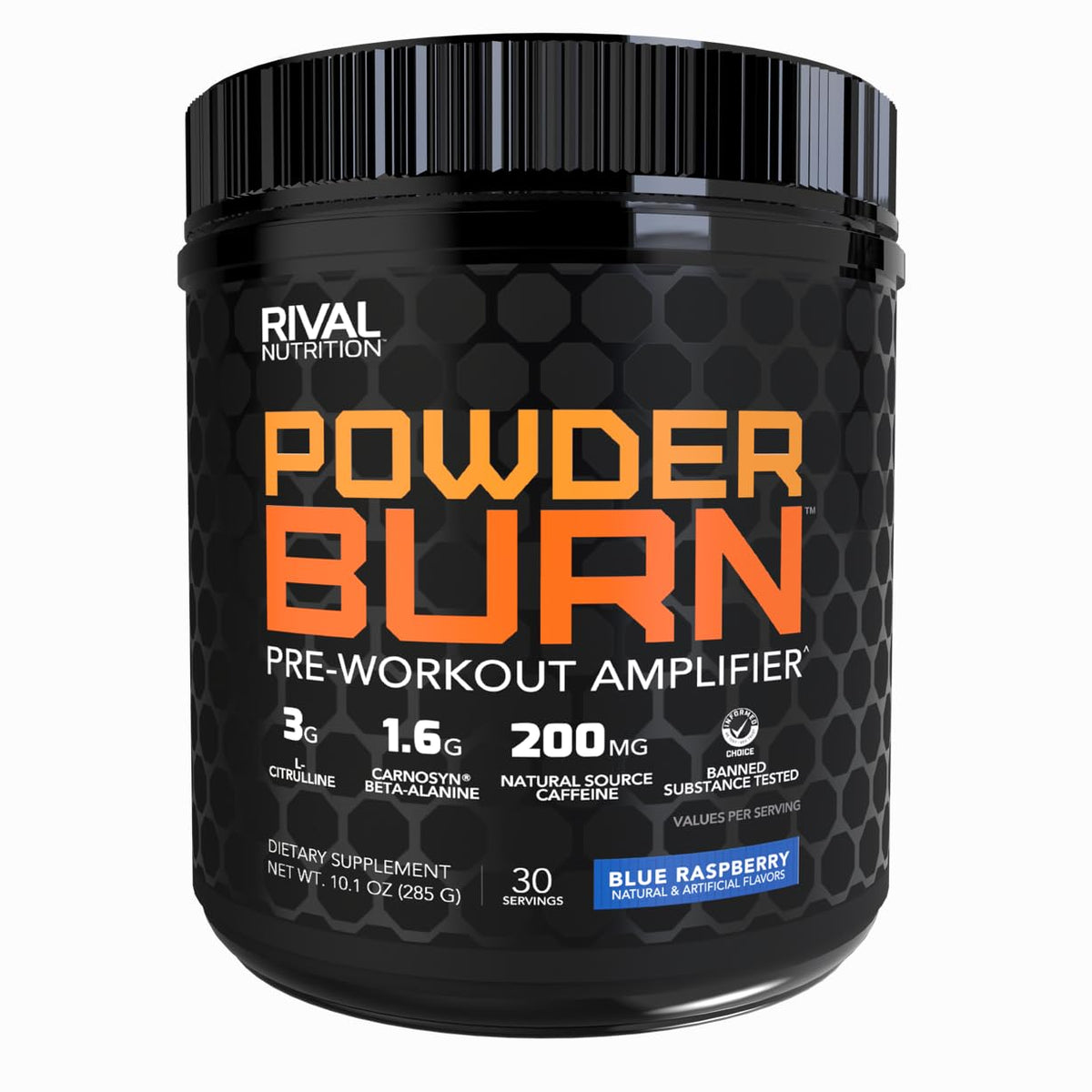 Rival Nutrition Powder Burn Blue Raspberry tub with bold flavor and easy mixing.