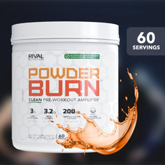 Rival Nutrition Powder Burn Juicy Orange label highlighting natural flavor and stevia