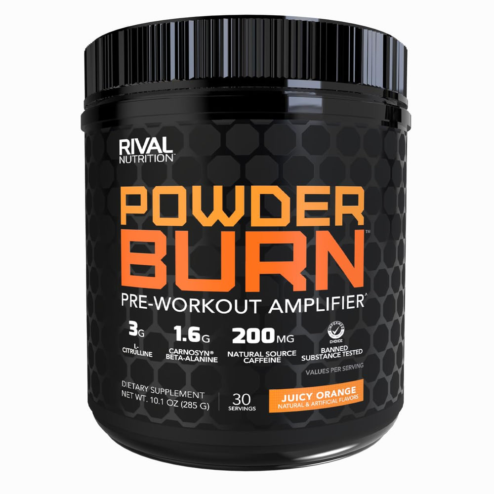 RIVAL NUTRITION Powder Burn Juicy Orange bottle on gym bench energizes workouts.