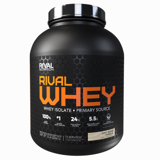 Rival Whey Soft Serve Vanilla tub front showing premium protein for active lifestyles