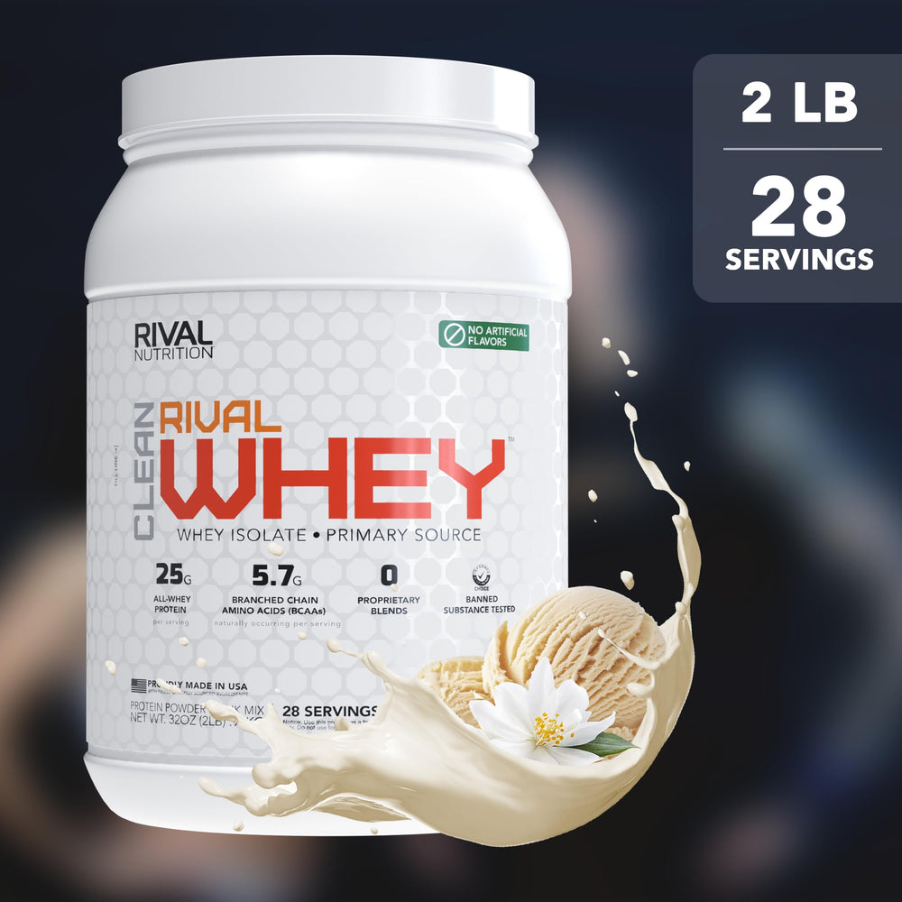 RIVAL NUTRITION whey protein scoop highlighting vanilla flavor and protein content.