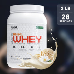 RIVAL NUTRITION whey protein scoop highlighting vanilla flavor and protein content.
