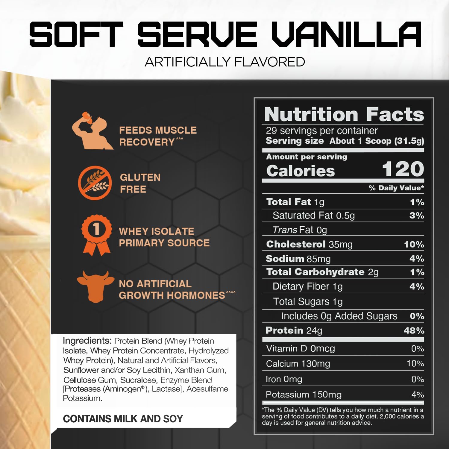Front-side view of Rival Whey Soft Serve Vanilla bag highlighting content and quality