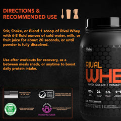Back label of Rival Whey Soft Serve Vanilla emphasizing testing and quality standards