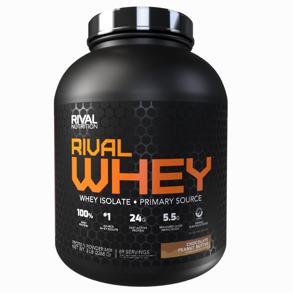 Rival Whey Chocolate Peanut Butter scoop showing protein-packed post-workout shake