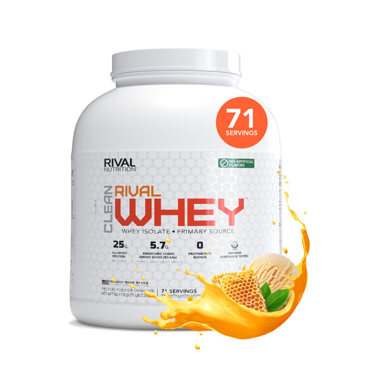 Rival Whey Clean Honey Nut Vanilla jar front highlighting clean protein source for lean gains