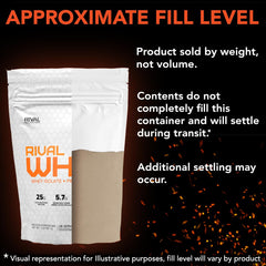 RIVAL NUTRITION Rival Whey Salted Caramel tub open showing powder ready to mix