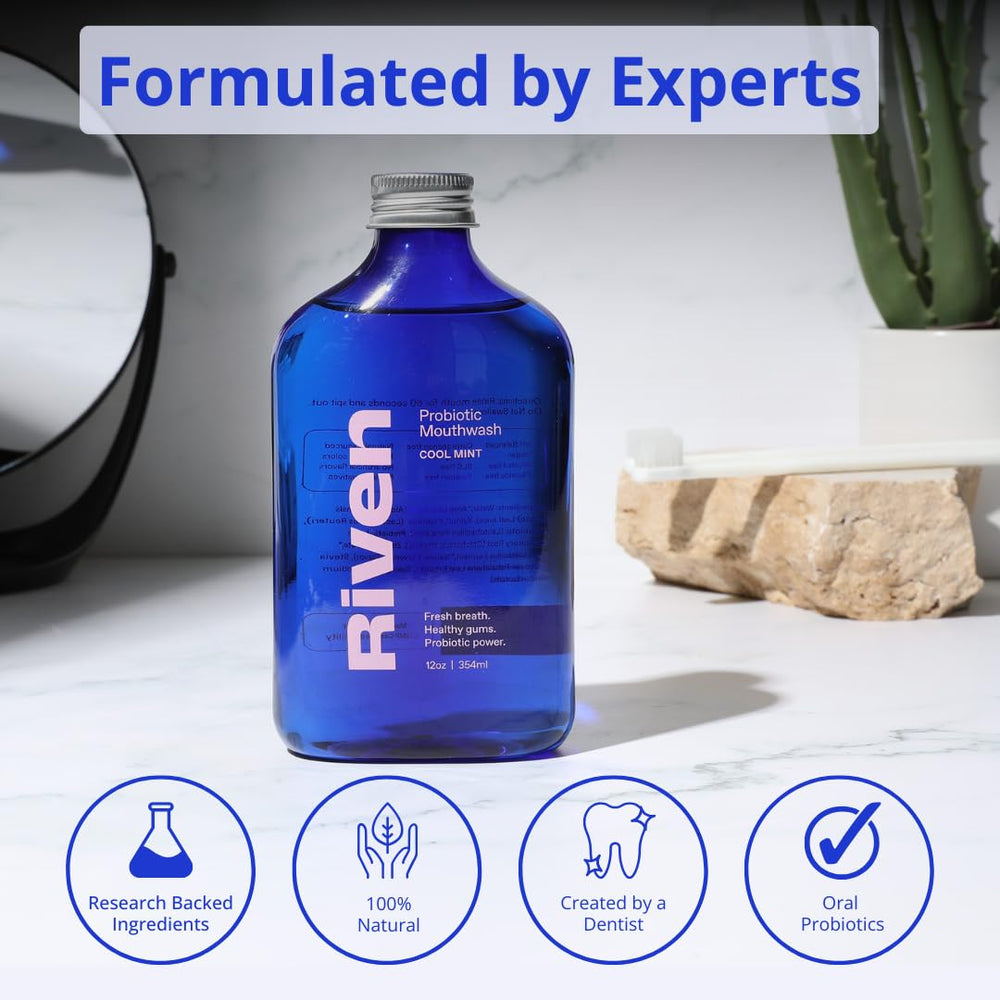 Riven Probiotic Mouthwash 2-Pack side view highlighting eco-conscious packaging.