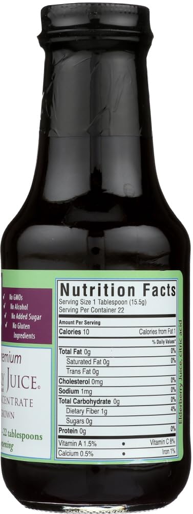 River Hills Harvest Elderberry Juice label close-up highlights natural ingredients and local sourcing.