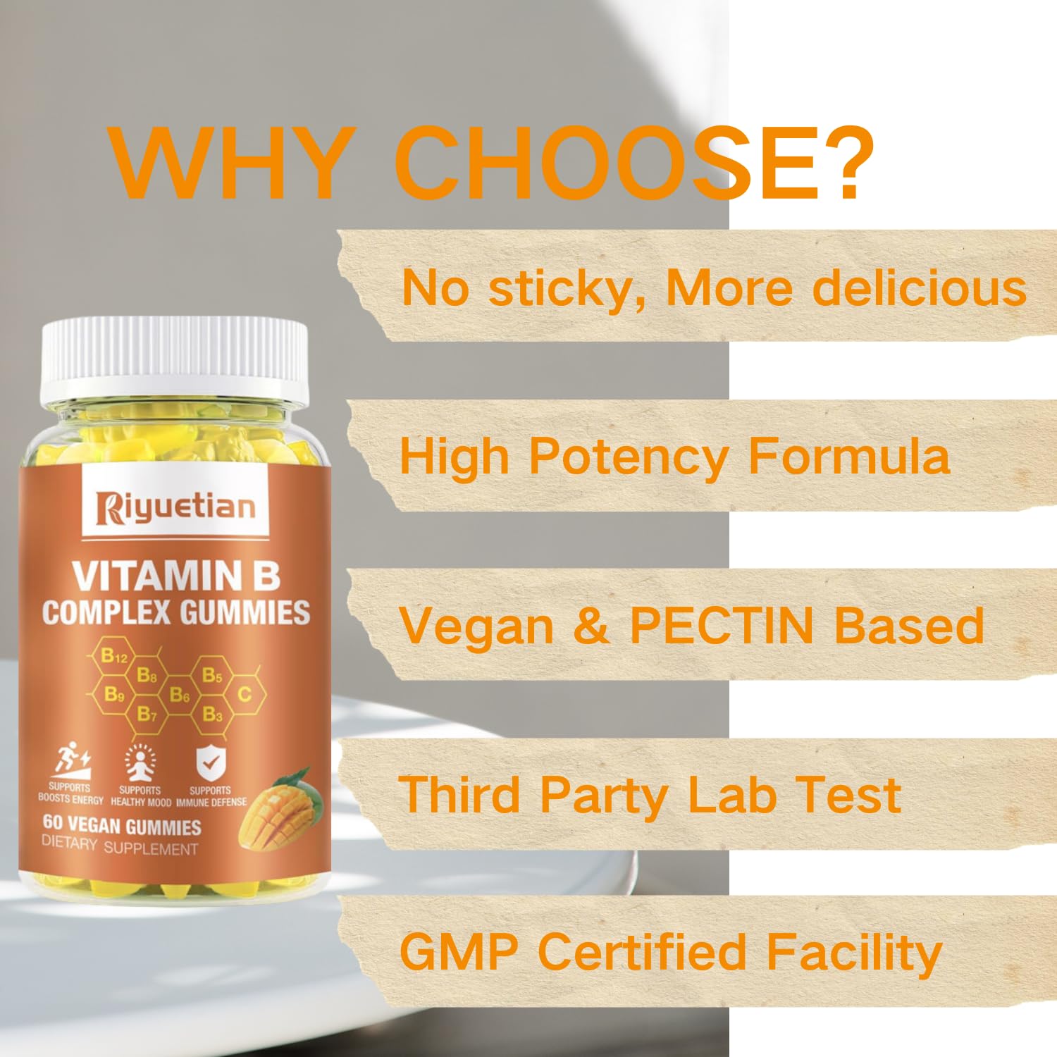 Gelatin-free, dairy-free ingredients in Riyuetian B Complex Gummies.