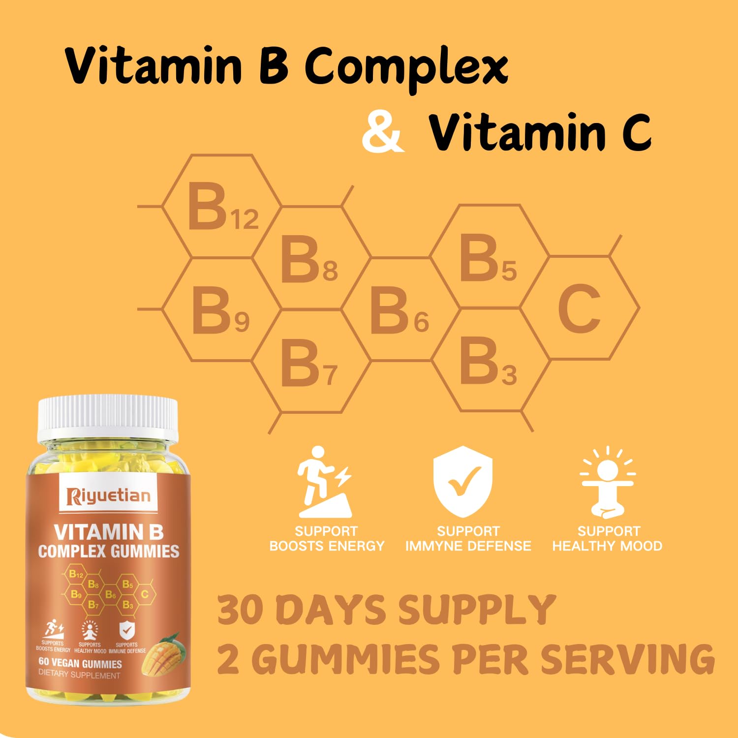 Riyuetian B Complex Gummies mango flavor packaging highlights vegan, gelatin-free formula.