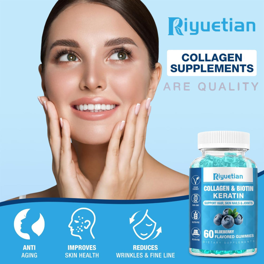 Riyuetian Biotin Collagen Gummies close-up highlighting chewy texture for skin and nail support.