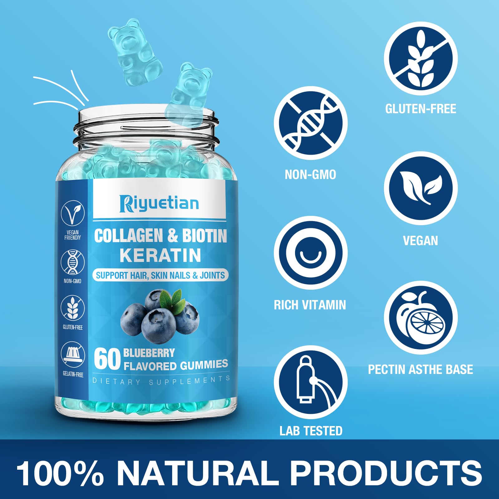 Riyuetian Biotin Collagen Gummies packaging with ingredient highlights for informed choice.