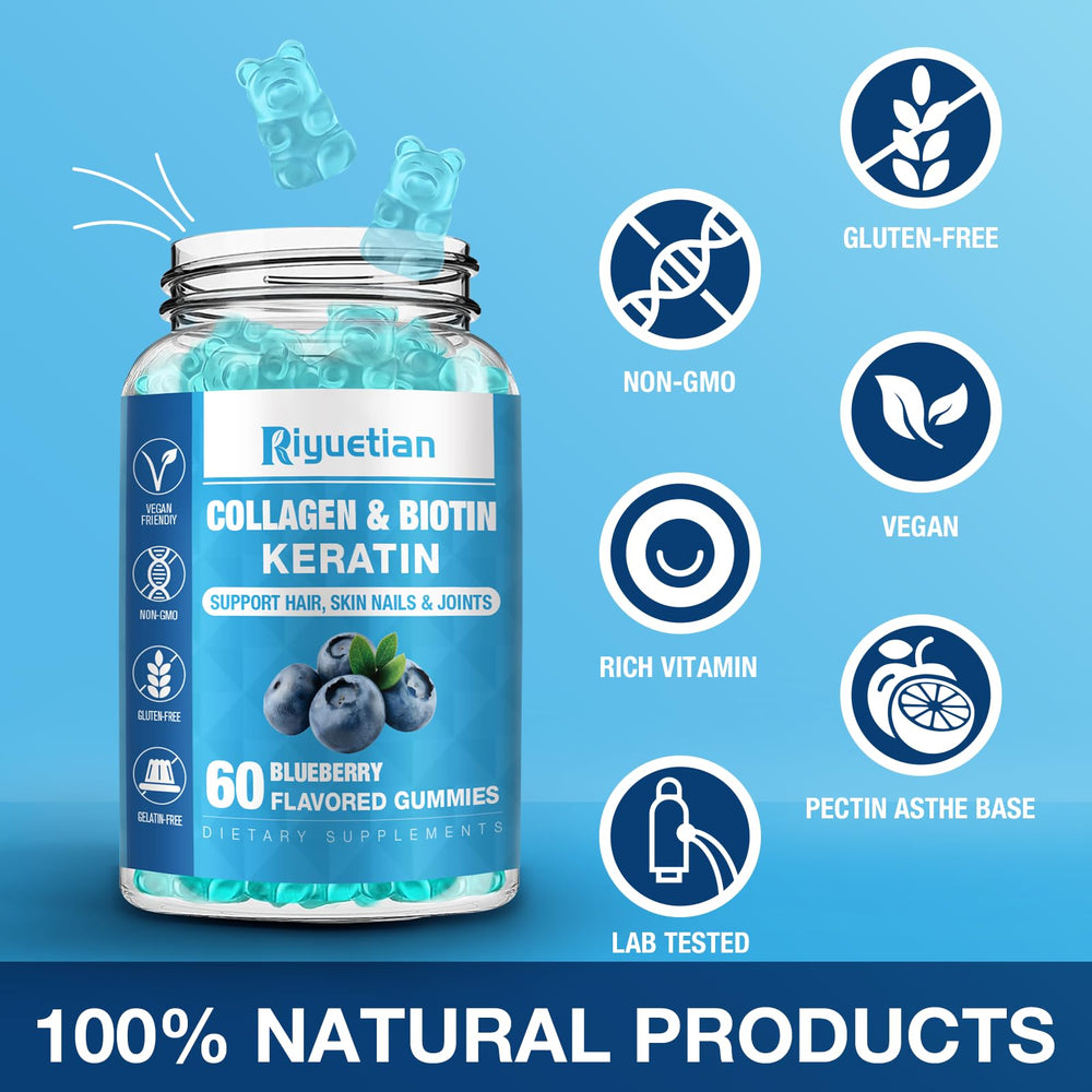 Riyuetian Biotin Collagen Gummies packaging with ingredient highlights for informed choice.