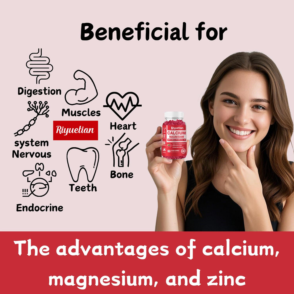 Riyuetian calcium gummies bottle back nutrition panel highlighting 600 mg calcium and 300 mg magnesium