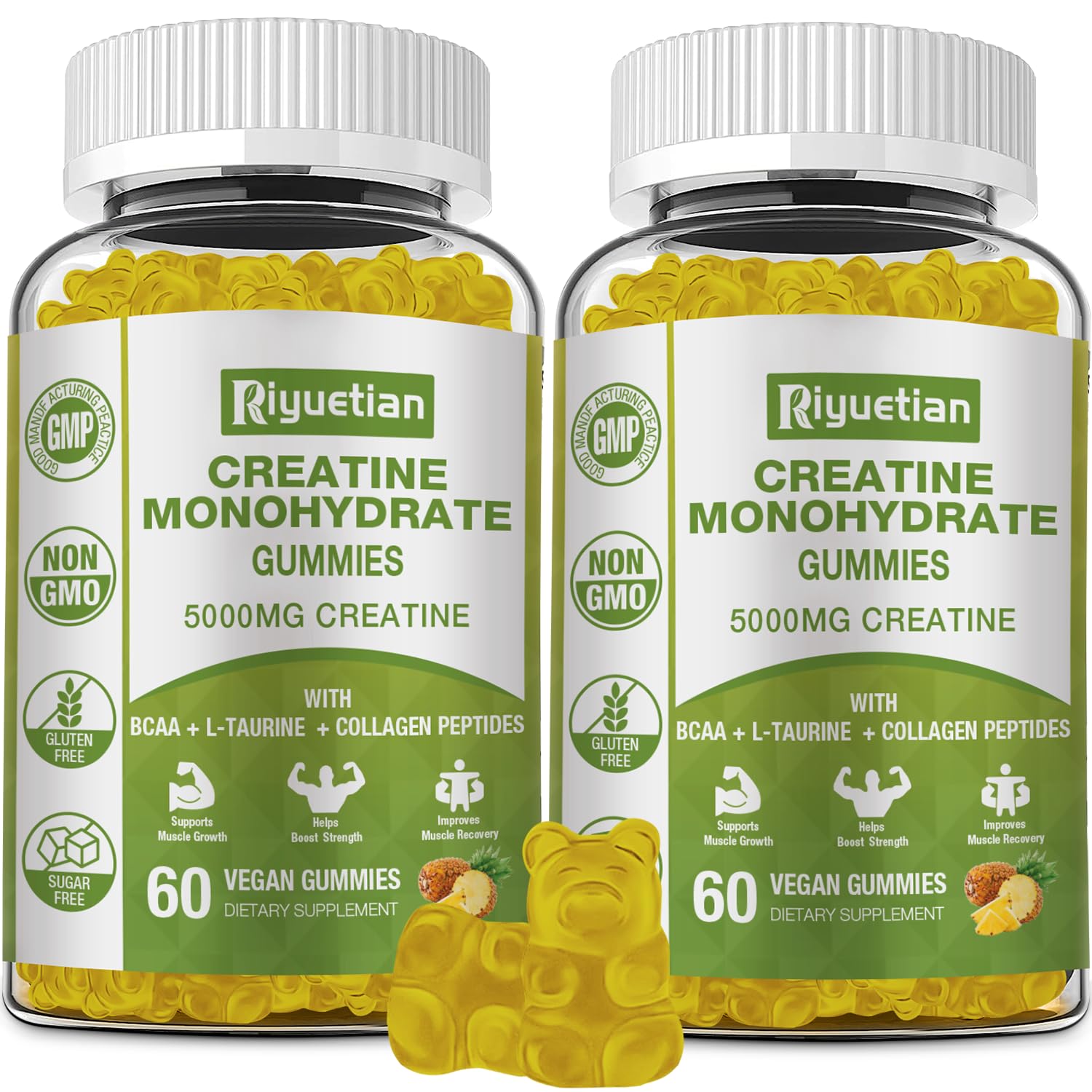 Riyuetian Creatine Monohydrate Gummies bottle shown for convenient daily energy support.
