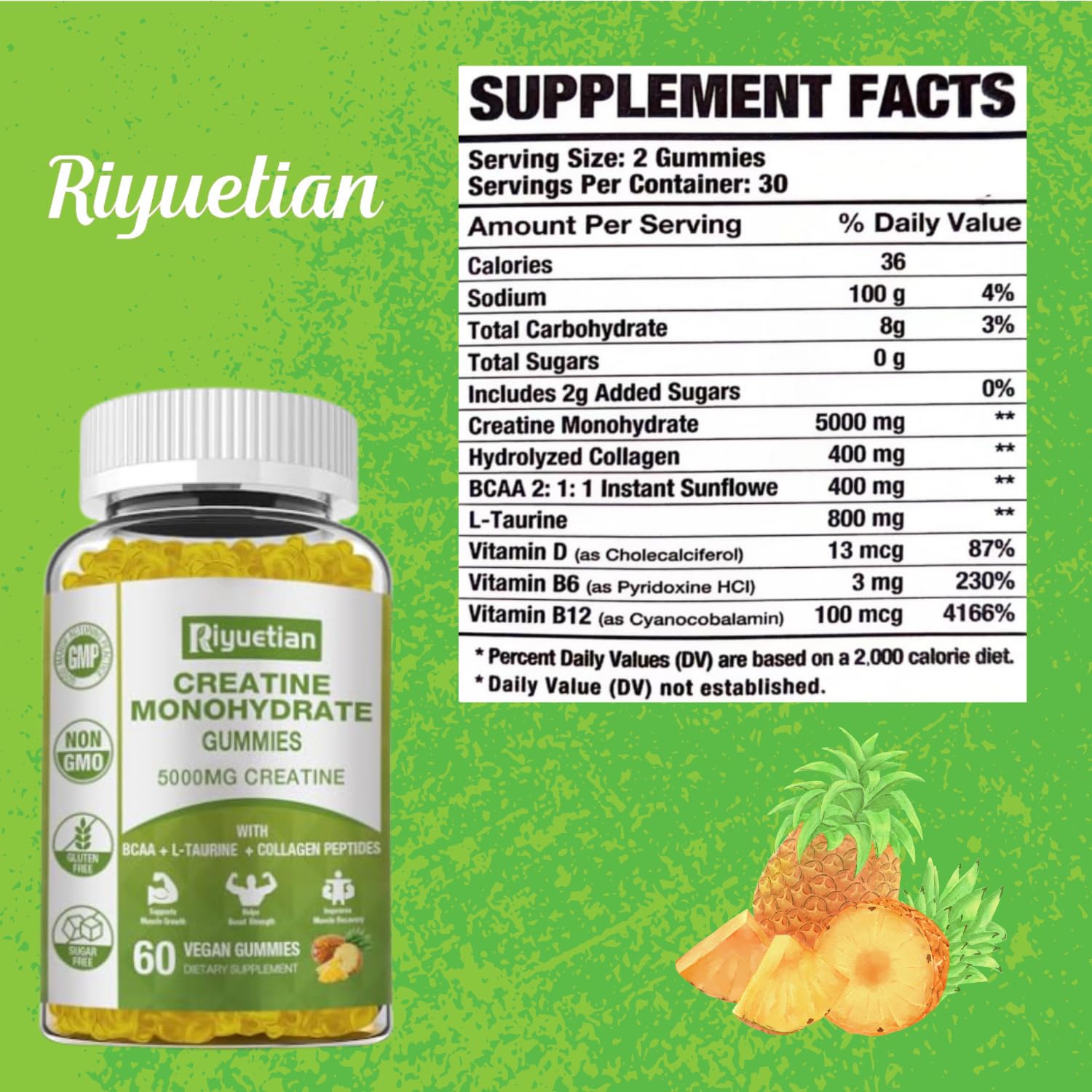 Close-up of gummies highlighting pineapple flavor and sugar-free formula.