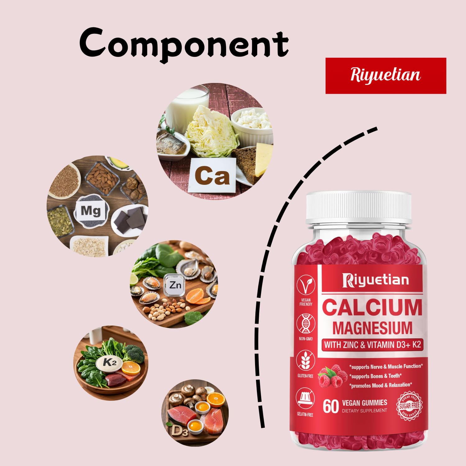 Riyuetian bottle label highlighting vegan, non-GMO, sugar-free and dairy-free formulation