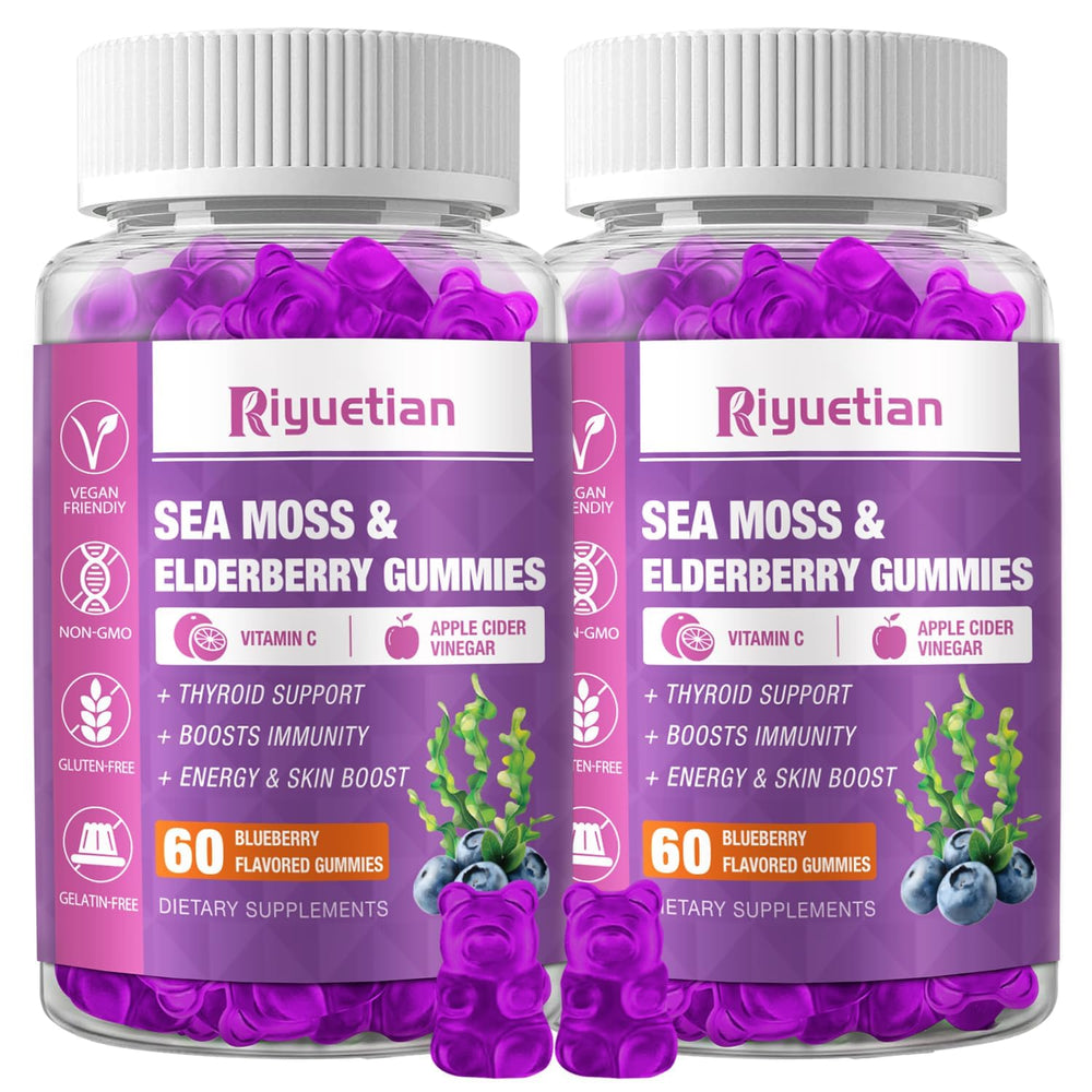 Riyuetian Sea Moss & Elderberry Gummies bottle with blueberry flavor for daily immune support.