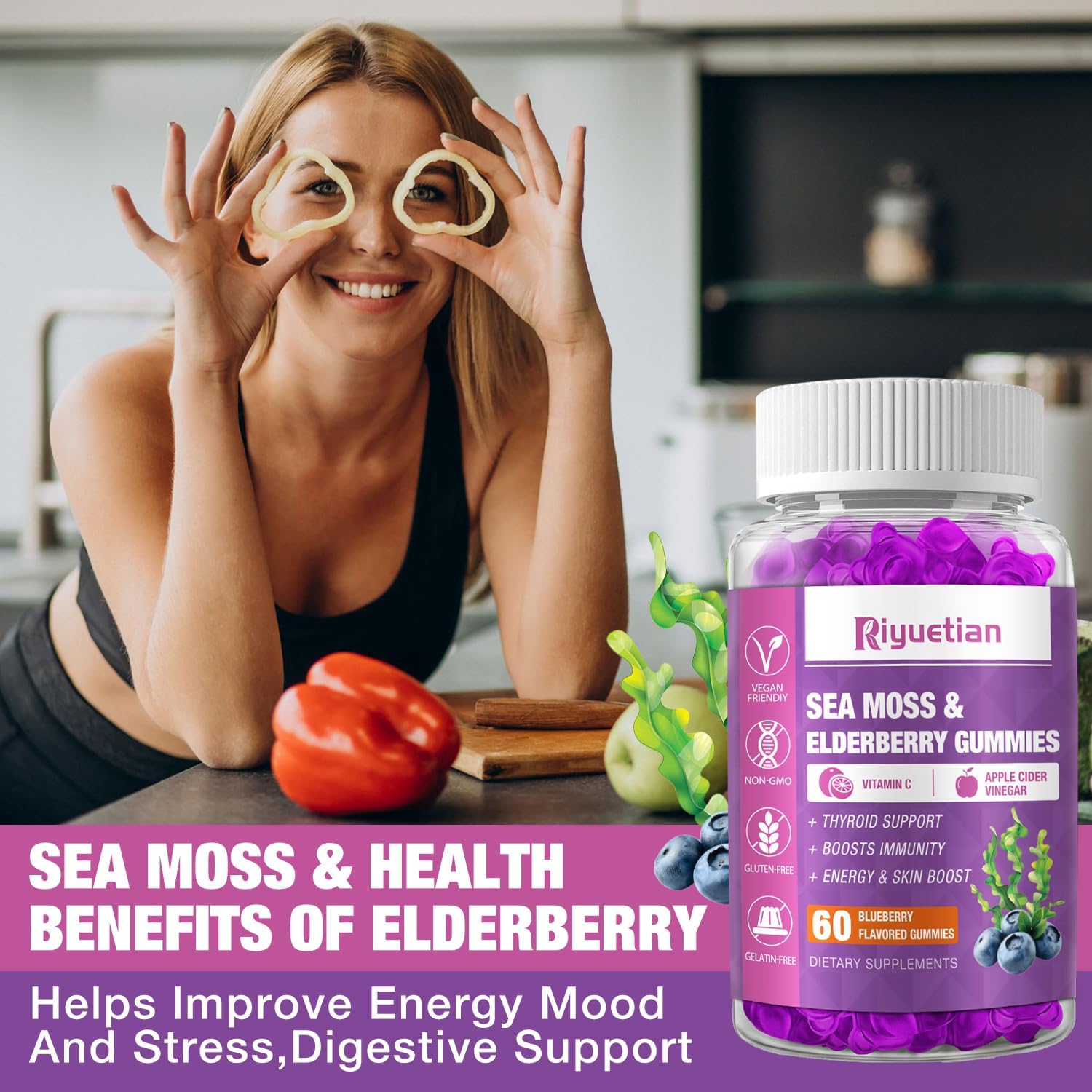 Riyuetian sea moss elderberry ingredients scene highlighting natural nutrients.
