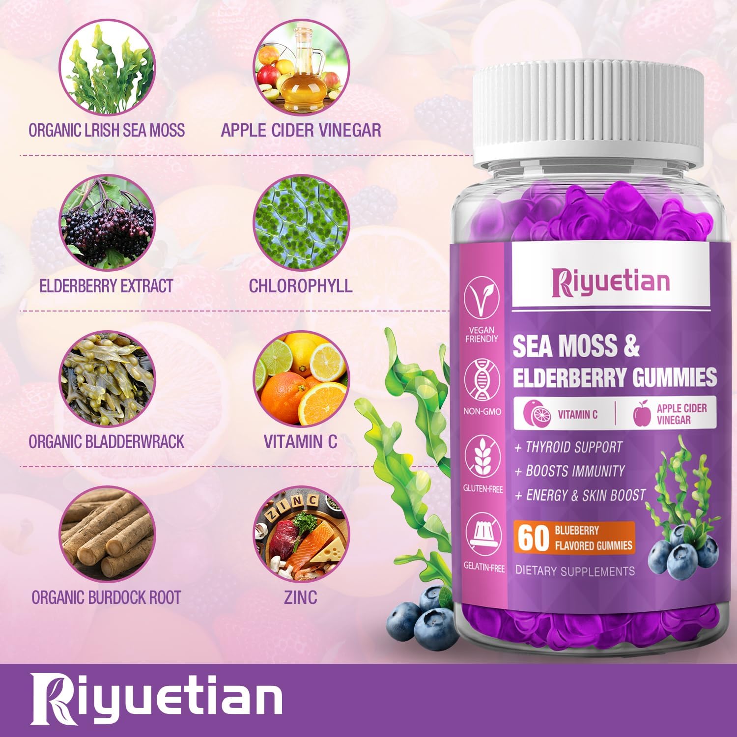 Riyuetian label close-up emphasizing Vitamin C and Zinc.