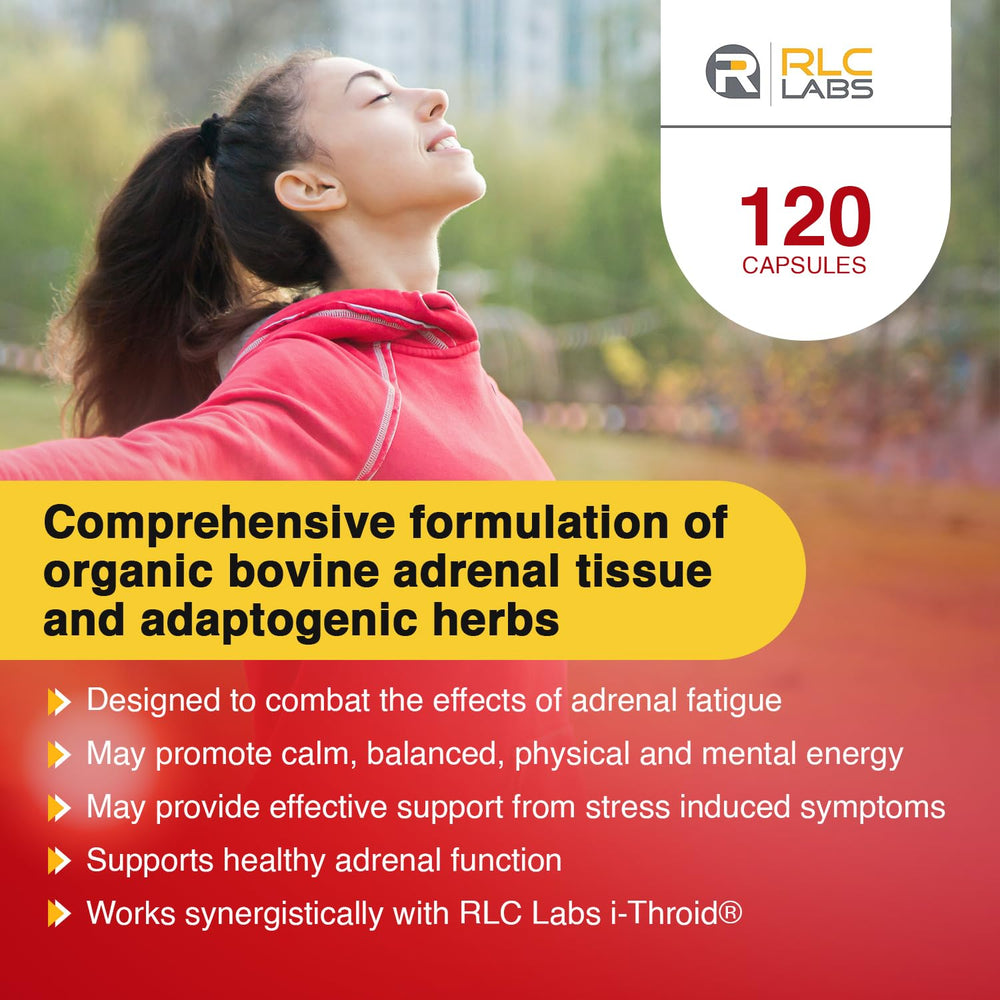 RLC Labs a-Drenal bottle with capsules illustrating daily dosage visual