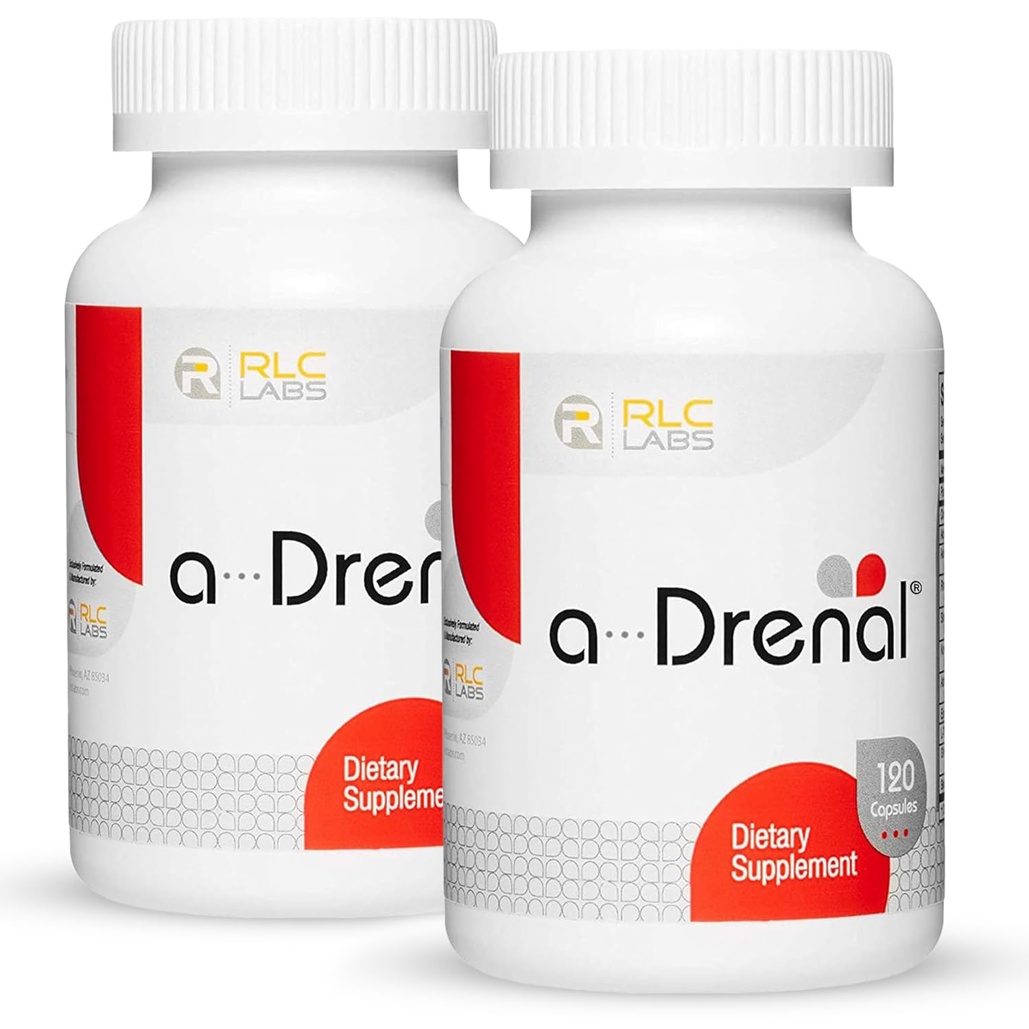 RLC Labs a-Drenal bottle front showing cortisol balance and daily energy focus